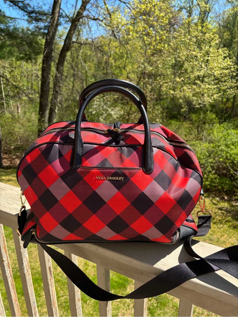 Vera Bradley Red & Black Buffalo plaid Weekender Duffle Travel Bag - Like New
